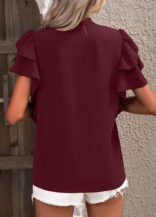 Ruffled Notched Short Sleeve Blouse - MimiStylez