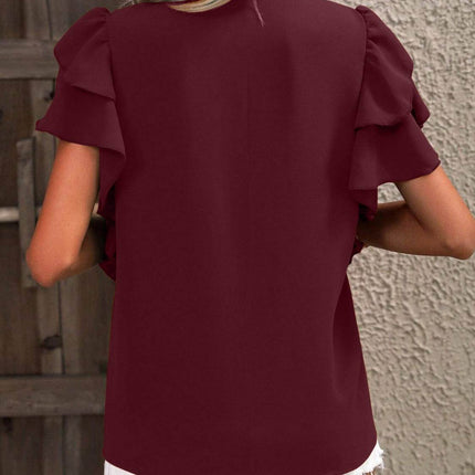 Ruffled Notched Short Sleeve Blouse - MimiStylez