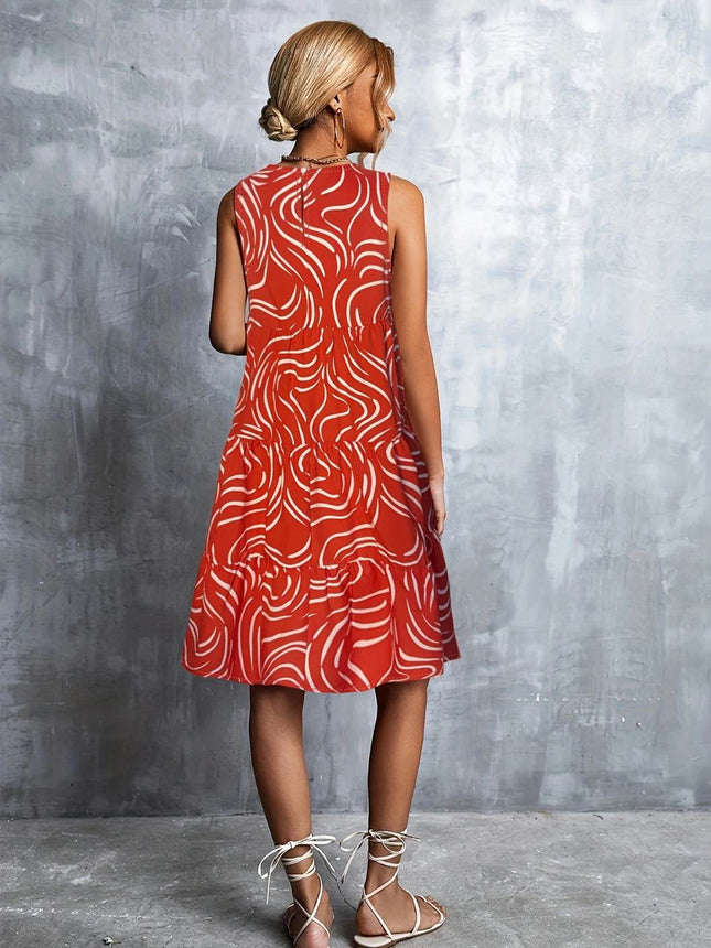 Printed Round Neck Sleeveless Dress - MimiStylez