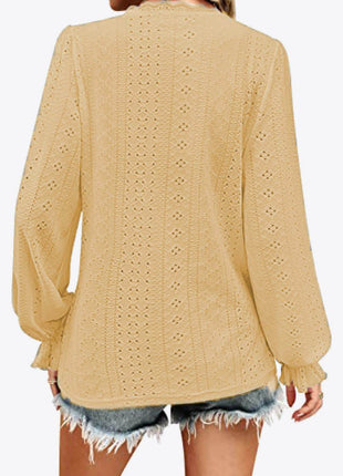 Eyelet V-Neck Flounce Sleeve Blouse - MimiStylez