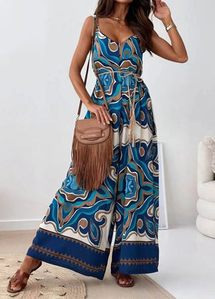 Printed V-Neck Wide Leg Jumpsuit - MimiStylez