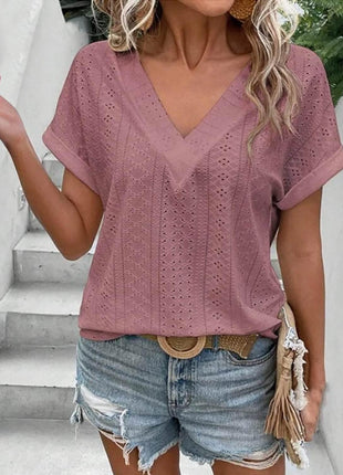 Eyelet V-Neck Short Sleeve Blouse - MimiStylez