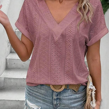 Eyelet V-Neck Short Sleeve Blouse - MimiStylez