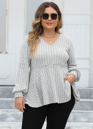 Plus Size Ribbed V-Neck Long Sleeve Blouse - MimiStylez
