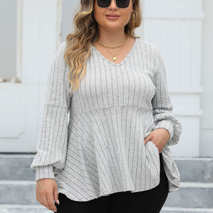 Plus Size Ribbed V-Neck Long Sleeve Blouse - MimiStylez