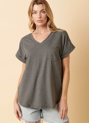 Mittoshop Full Size V-Neck Rolled Short Sleeve T-Shirt - MimiStylez