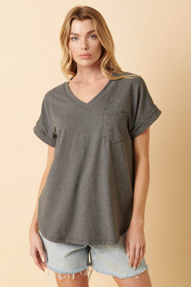 Mittoshop Full Size V-Neck Rolled Short Sleeve T-Shirt - MimiStylez