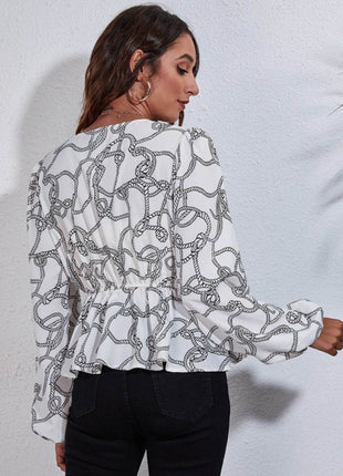 Printed V-Neck Balloon Sleeve Peplum Blouse - MimiStylez