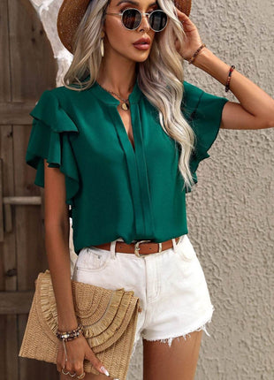 Ruffled Notched Short Sleeve Blouse - MimiStylez