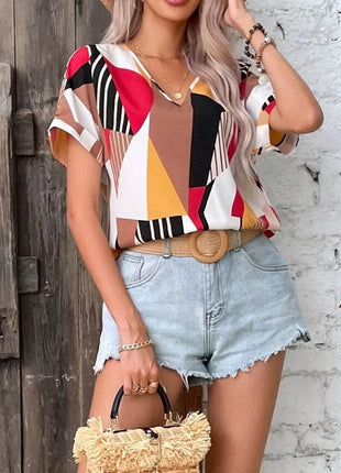 Printed V-Neck Short Sleeve Blouse - MimiStylez