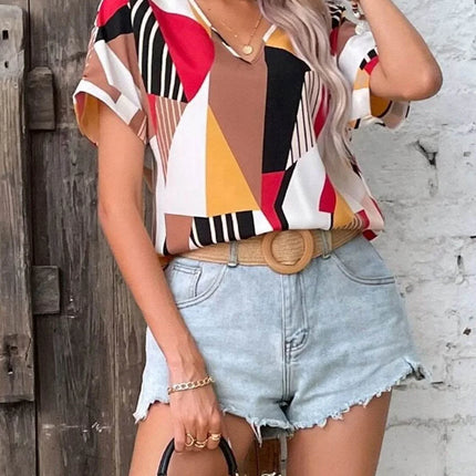 Printed V-Neck Short Sleeve Blouse - MimiStylez
