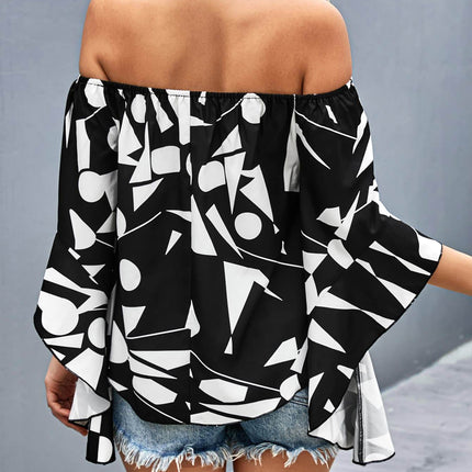 Printed Off-Shoulder Bell Sleeve Blouse - MimiStylez