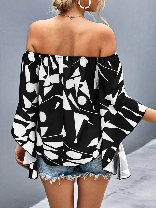 Printed Off-Shoulder Bell Sleeve Blouse - MimiStylez