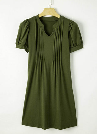Pin-Tuck Notched Short Sleeve Dress - MimiStylez