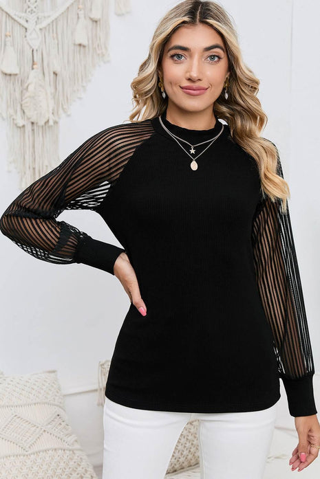 Round Neck Semi-Sheer Sleeve Blouse - MimiStylez