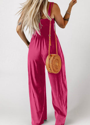Smocked Square Neck Wide Leg Jumpsuit with Pockets - MimiStylez