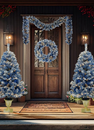 Pre-lit Christmas Tree Artificial Christmas 4-piece Set - 4FT Trees, 9FT Garland, 50" Wreath With Pine Cones