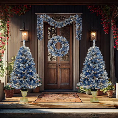 Pre-lit Christmas Tree Artificial Christmas 4-piece Set - 4FT Trees, 9FT Garland, 50" Wreath With Pine Cones