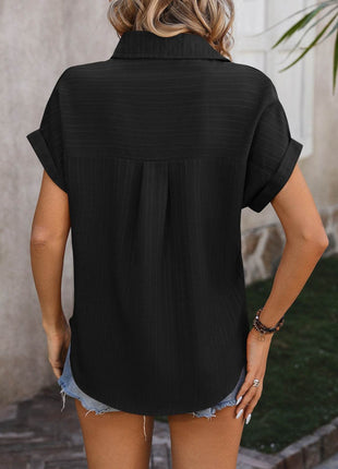 Textured Button Up Cap Sleeve Shirt - MimiStylez
