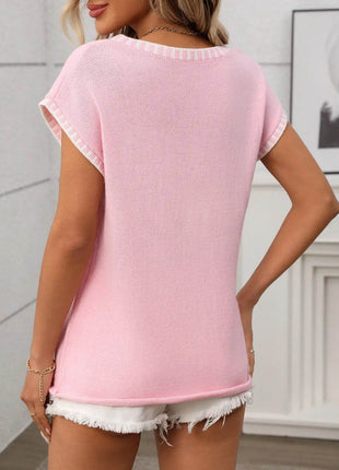Contrast Trim V-Neck Short Sleeve Knit Top - MimiStylez