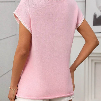 Contrast Trim V-Neck Short Sleeve Knit Top - MimiStylez