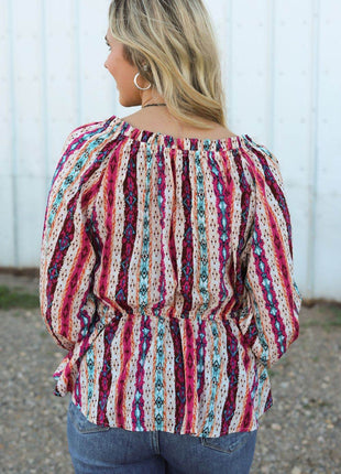 Multicolour Western Print Split Neck Peplum Blouse - MimiStylez