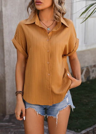 Textured Button Up Cap Sleeve Shirt - MimiStylez