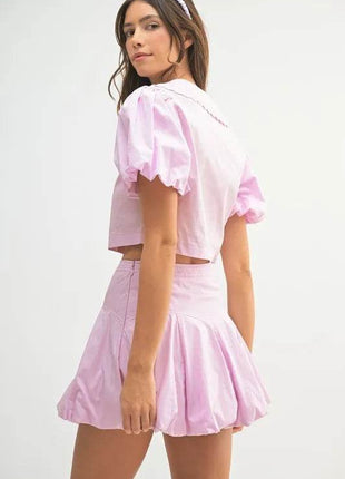 MABLE Puff Sleeve Button Down Top and Bubble Skirt Set - MimiStylez
