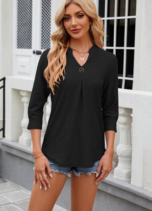 Eyelet Notched Knit Jacquard Top - MimiStylez