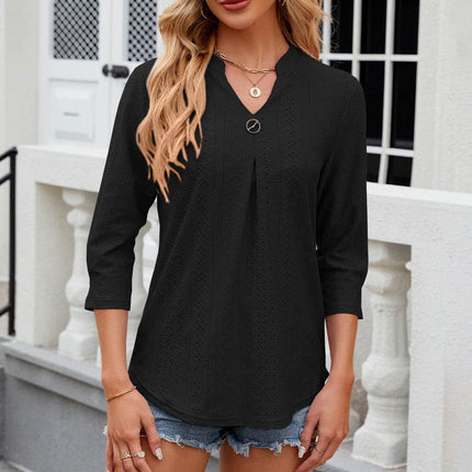 Eyelet Notched Knit Jacquard Top - MimiStylez