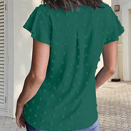 Swiss Dot Notched Cap Sleeve Blouse - MimiStylez