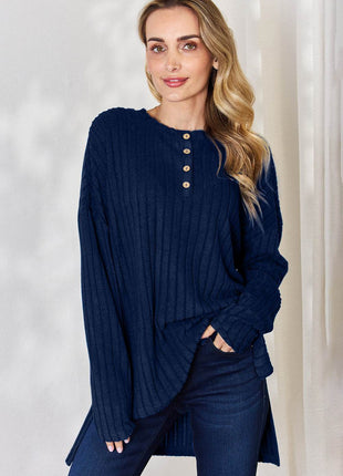 Basic Bae Full Size Ribbed Half Button Long Sleeve High-Low T-Shirt - MimiStylez