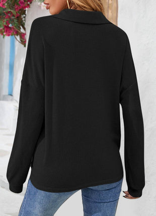 Half Button Collared Neck Long Sleeve Top - MimiStylez