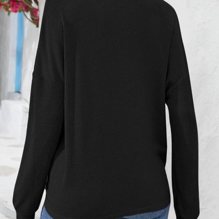 Half Button Collared Neck Long Sleeve Top - MimiStylez