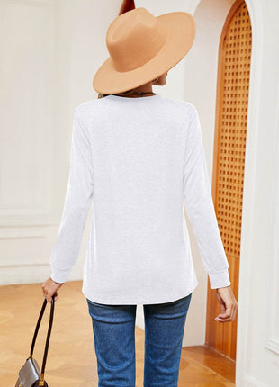 Buttoned Notched Neck Long Sleeve Top - MimiStylez