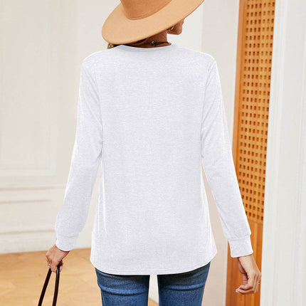 Buttoned Notched Neck Long Sleeve Top - MimiStylez