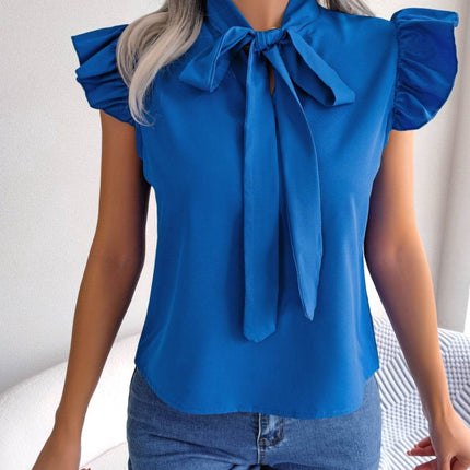 Tie Neck Cap Sleeve Blouse - MimiStylez