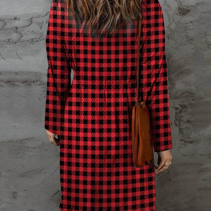 Double Take Full Size Plaid Round Neck Long Sleeve Magic Dress - MimiStylez