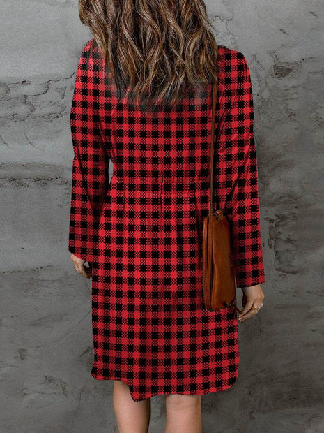 Double Take Full Size Plaid Round Neck Long Sleeve Magic Dress - MimiStylez