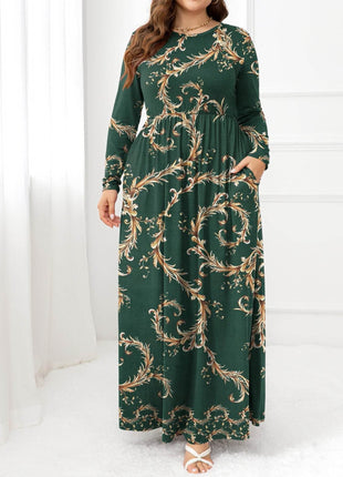 Plus Size Round Neck Maxi Dress with Pockets - MimiStylez
