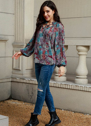 Tie Neck Heathered Balloon Sleeve Blouse - MimiStylez