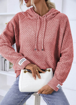 Texture Drawstring Long Sleeve Hooded Sweater - MimiStylez