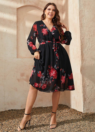 Plus Size Floral Surplice Neck Tie Waist Dress - MimiStylez