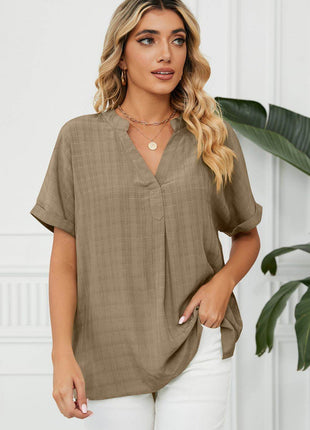 Side Slit Notched Neck Cuffed Short Sleeve Blouse - MimiStylez