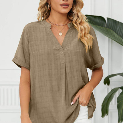Side Slit Notched Neck Cuffed Short Sleeve Blouse - MimiStylez