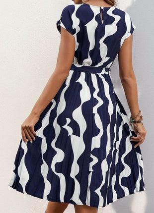 Tied Pleated Printed Cap Sleeve Dress - MimiStylez