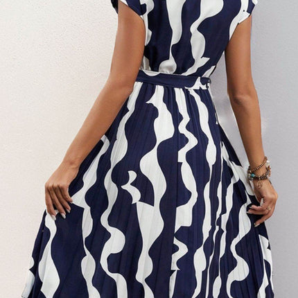 Tied Pleated Printed Cap Sleeve Dress - MimiStylez