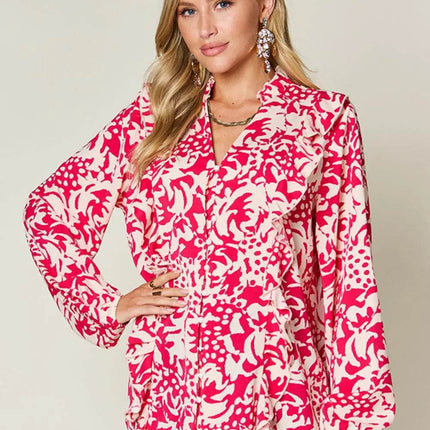 Double Take Full Size Printed Ruffle Trim Balloon Sleeve Shirt - MimiStylez
