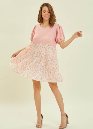 HEYSON Full Size Round Neck Floral Ruffle Hem Mini Dress - MimiStylez