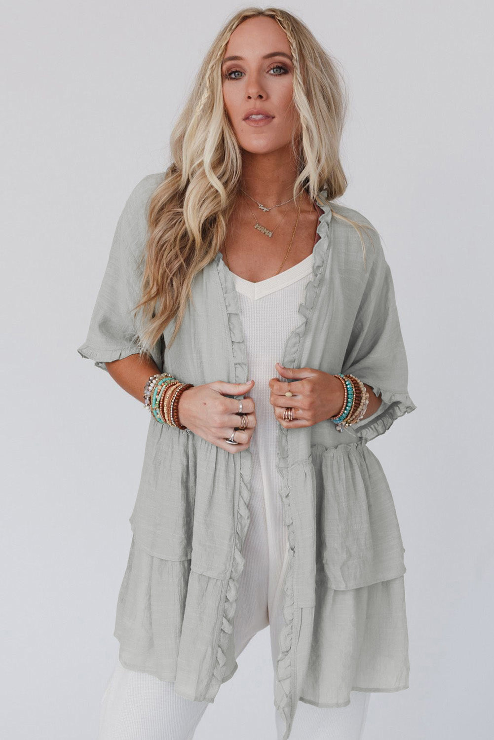 Pink Ruffled Trim Half Sleeve Open Front Kimono